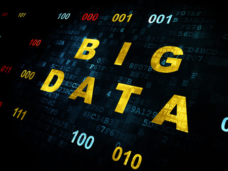 Data concept: Pixelated yellow text Big Data on Digital wall background with Binary Codeの写真素材