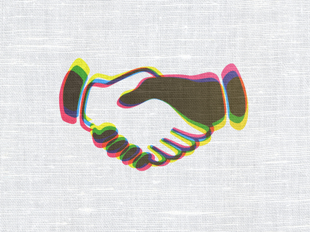Business concept: CMYK Handshake on linen fabric texture backgroundの写真素材