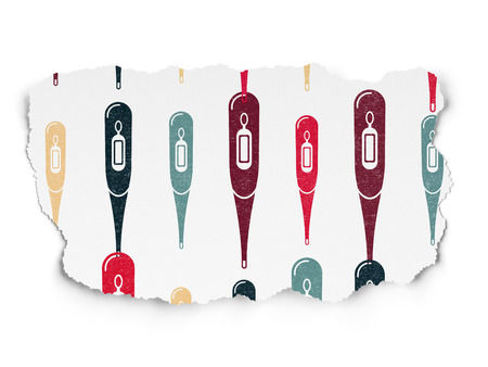 Healthcare concept: Painted multicolor Thermometer icons on Torn Paper background
