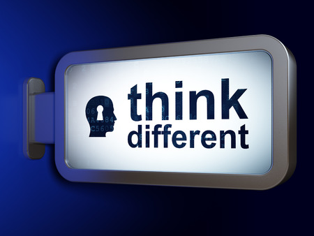 Education concept: Think Different and Head With Keyhole on advertising billboard background, 3d renderの写真素材