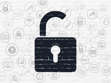 Protection concept: Painted black Opened Padlock icon on White Brick wall background with Scheme Of Hand Drawn Security Iconsの写真素材