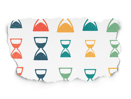Time concept: Painted multicolor Hourglass icons on Torn Paper backgroundの写真素材