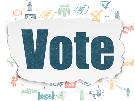 Political concept: Painted blue text Vote on Torn Paper background with Scheme Of Hand Drawn Politics Iconsの写真素材