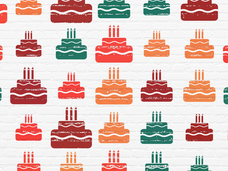 Entertainment, concept: Painted multicolor Cake icons on White Brick wall backgroundの写真素材