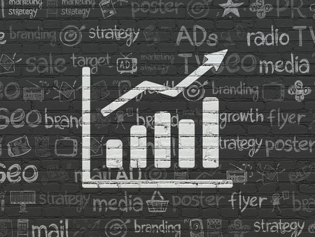 Marketing concept: Painted white Growth Graph icon on Black Brick wall background with  Hand Drawn Marketing Iconsの写真素材