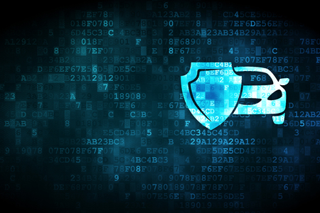 Insurance concept: pixelated Car And Shield icon on digital background, empty copyspace for card, text, advertisingの写真素材
