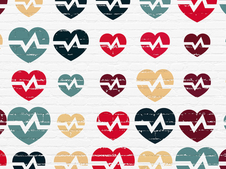 Health concept: Painted multicolor Heart icons on White Brick wall backgroundの写真素材