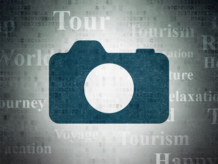 Vacation concept: Painted blue Photo Camera icon on Digital Paper background with  Tag Cloudの写真素材