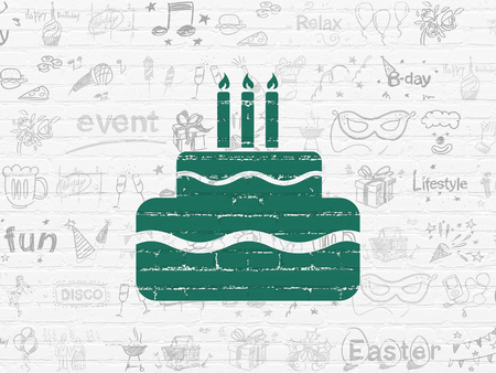 Entertainment, concept: Painted green Cake icon on White Brick wall background with  Hand Drawn Holiday Iconsの写真素材