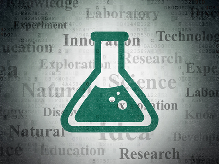Science concept: Painted green Flask icon on Digital Paper background with  Tag Cloudの写真素材