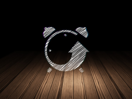 Timeline concept: Glowing Alarm Clock icon in grunge dark room with Wooden Floor, black background