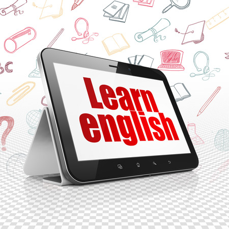 Education concept: Tablet Computer with  red text Learn English on display,  Hand Drawn Education Icons backgroundの写真素材
