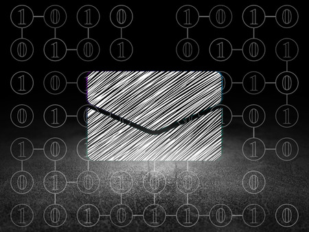 Finance concept: Glowing Email icon in grunge dark room with Dirty Floor, black background with Scheme Of Binary Codeの写真素材