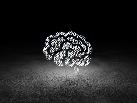 Science concept: Glowing Brain icon in grunge dark room with Dirty Floor, black backgroundの写真素材