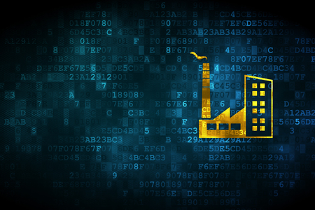 Industry concept: pixelated Industry Building icon on digital background, empty copyspace for card, text, advertising Industry concept: pixelated Industry Building icon on digital background, empty copyspace for card, text, advertising