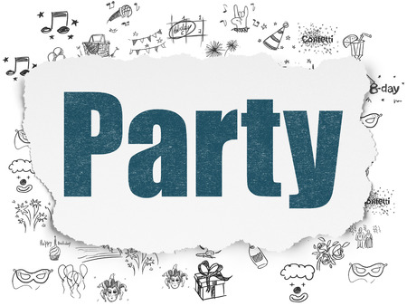 Holiday concept: Painted blue text Party on Torn Paper background with  Hand Drawn Holiday Iconsの写真素材