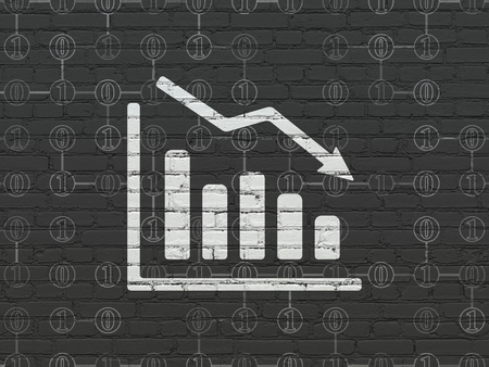 Finance concept: Painted white Decline Graph icon on Black Brick wall background with Scheme Of Binary Codeの写真素材