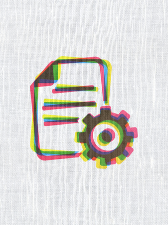 Software concept: CMYK Gear on linen fabric texture backgroundの写真素材
