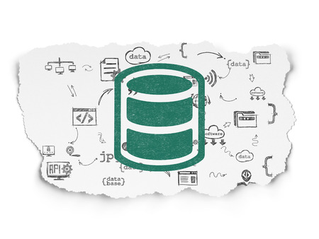 Programming concept: Painted green Database icon on Torn Paper background with Scheme Of Hand Drawn Programming Iconsの写真素材