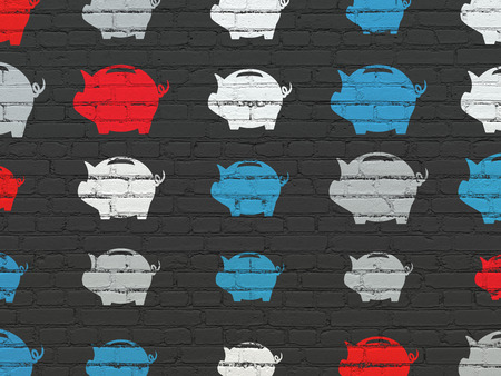Money concept: Painted multicolor Money Box icons on Black Brick wall backgroundの写真素材