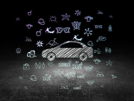Vacation concept: Glowing Car icon in grunge dark room with Dirty Floor, black background with  Hand Drawn Vacation Iconsの写真素材