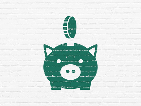 Currency concept: Painted green Money Box With Coin icon on White Brick wall backgroundの写真素材