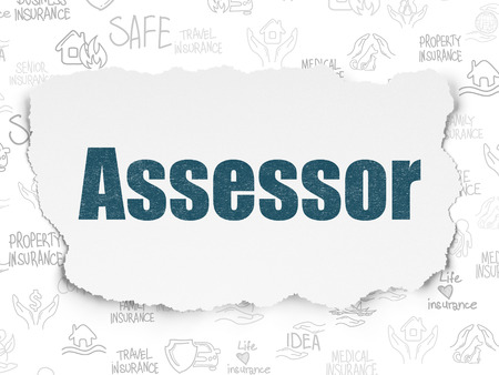 Insurance concept: Painted blue text Assessor on Torn Paper background with  Hand Drawn Insurance Iconsの写真素材