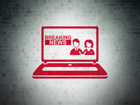 News concept: Painted red Breaking News On Laptop icon on Digital Paper backgroundの写真素材