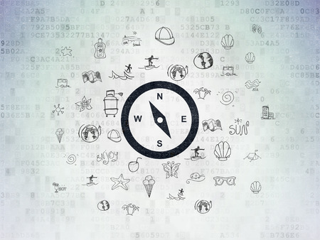 Vacation concept: Painted black Compass icon on Digital Paper background with  Hand Drawn Vacation Iconsの写真素材