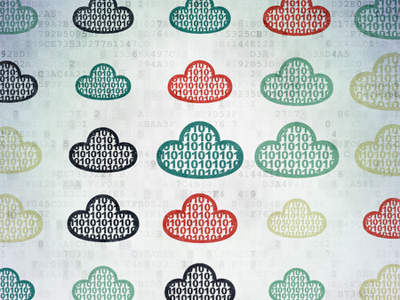 Cloud computing concept: Painted multicolor Cloud With Code icons on Digital Paper backgroundの写真素材