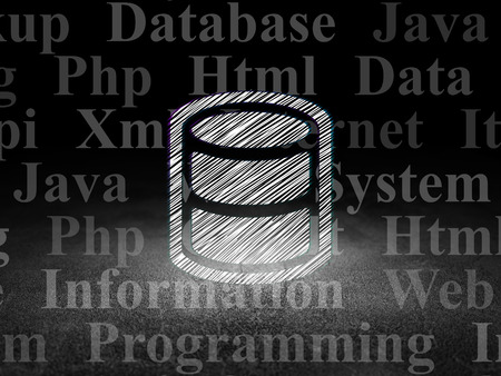 Software concept: Glowing Database icon in grunge dark room with Dirty Floor, black background with  Tag Cloudの写真素材