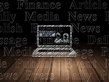 News concept: Glowing Breaking News On Laptop icon in grunge dark room with Wooden Floor, black background with  Tag Cloudの写真素材