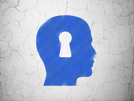 Data concept: Blue Head With Keyhole on textured concrete wall backgroundの写真素材