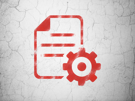 Database concept: Red Gear on textured concrete wall backgroundの写真素材