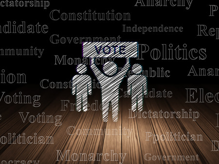 Politics concept: Glowing Election Campaign icon in grunge dark room with Wooden Floor, black background with  Tag Cloudの写真素材