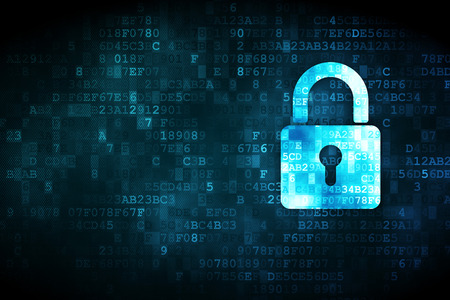 Privacy concept: pixelated Closed Padlock icon on digital background, empty copyspace for card, text, advertisingの写真素材