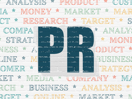 Marketing concept: Painted blue text PR on White Brick wall background with  Tag Cloudの写真素材