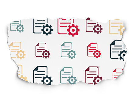 Programming concept: Painted multicolor Gear icons on Torn Paper backgroundの写真素材