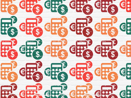 News concept: Painted multicolor Calculator icons on White Brick wall backgroundの写真素材