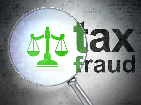 Law concept: magnifying optical glass with Scales icon and Tax Fraud word on digital backgroundの写真素材
