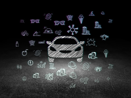 Vacation concept: Glowing Car icon in grunge dark room with Dirty Floor, black background with  Hand Drawn Vacation Iconsの写真素材