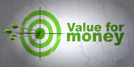 Success banking concept: arrows hitting the center of target, Green Value For Money on wall backgroundの写真素材
