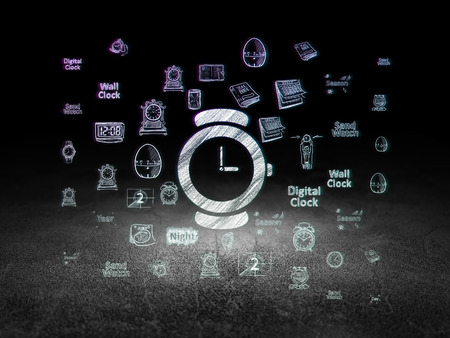 Time concept: Glowing Watch icon in grunge dark room with Dirty Floor, black background with  Hand...