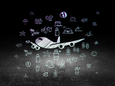 Tourism concept: Glowing Airplane icon in grunge dark room with Dirty Floor, black background with  Hand Drawn Vacation Iconsの写真素材