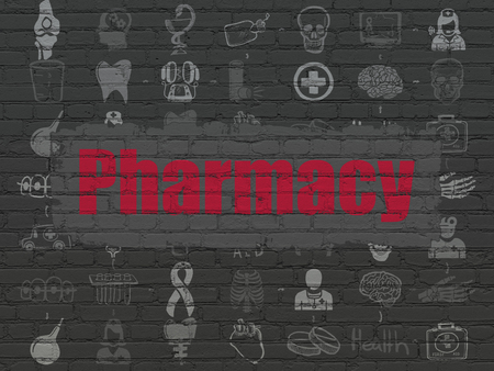 Healthcare concept: Painted red text Pharmacy on Black Brick wall background with Scheme Of Hand Drawn Medicine Iconsの写真素材