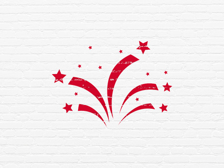 Holiday concept: Painted red Fireworks icon on White Brick wall backgroundの写真素材