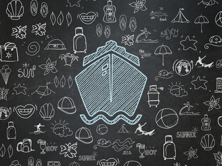 Vacation concept: Chalk Blue Ship icon on School Board background with  Hand Drawn Vacation Iconsの写真素材