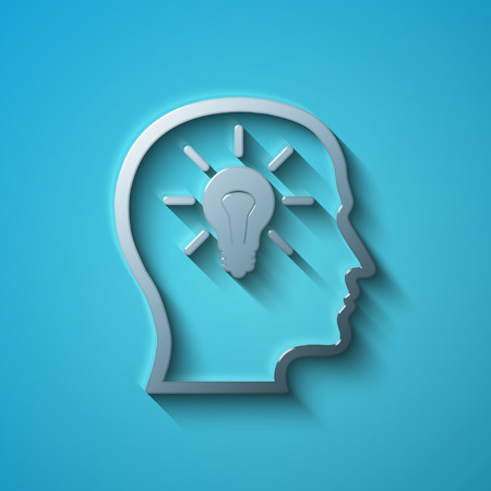 Data concept: flat metallic Head With Lightbulb icon, transparent shadow on Blue backgroundのイラスト素材