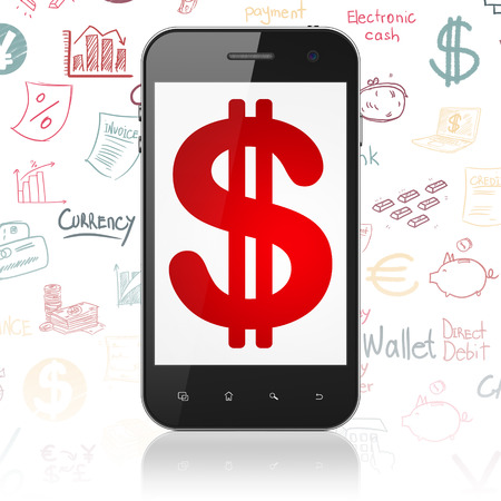 Money concept: Smartphone with  red Dollar icon on display,  Hand Drawn Finance Icons backgroundの写真素材