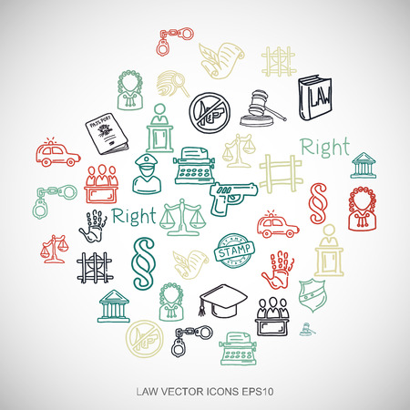 Law Multicolor doodles flat Hand Drawn Law Icons set In A Circle on White background.のイラスト素材